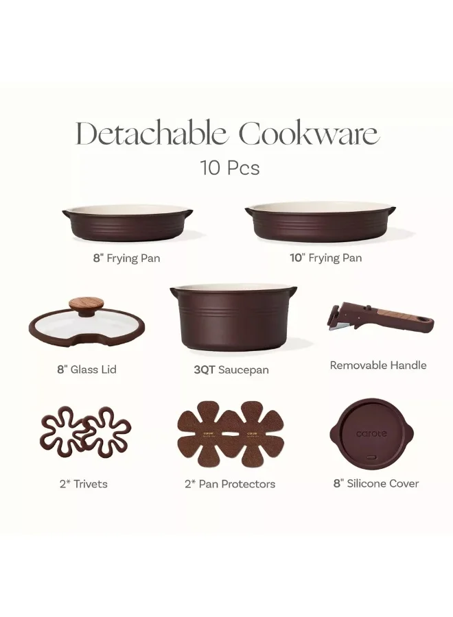 كاروت طقم أواني كاروت 10 قطع سيراميك غير لاصق بمقابض قابلة للفصل، خالٍ من PFAS لطهي صحي، تصميم قابل للتكديس مع فتحات صب، متوافق مع جميع المواقد وآمن لغسالة الصحون (شوكولاتة)